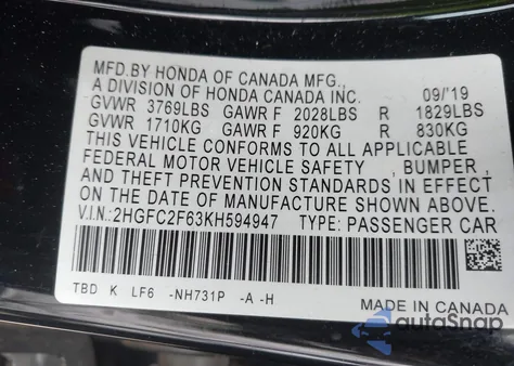 2019 Honda Civic Lx z USA, uszkodzony, nr VIN 2HGFC2F63KH594947